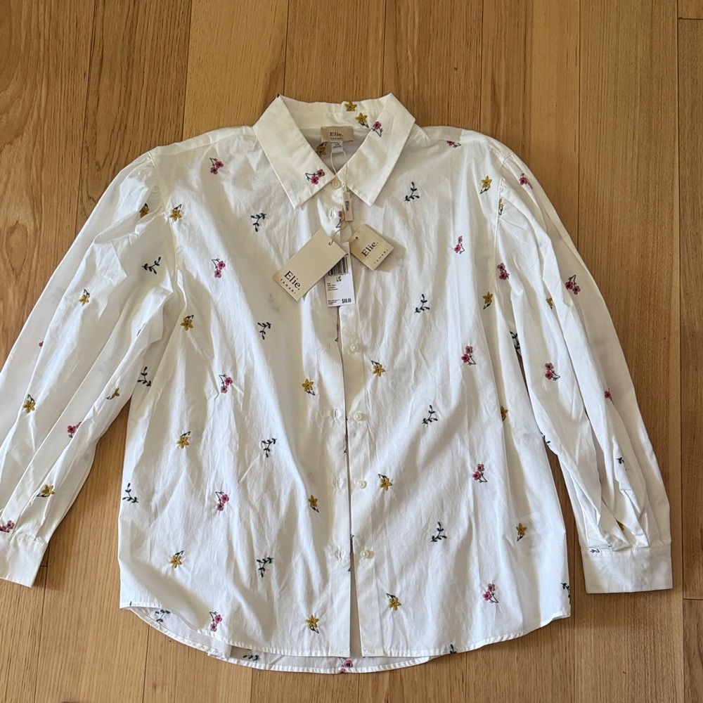 Elie Tahari White Button Down Shirt with Floral Embroidery